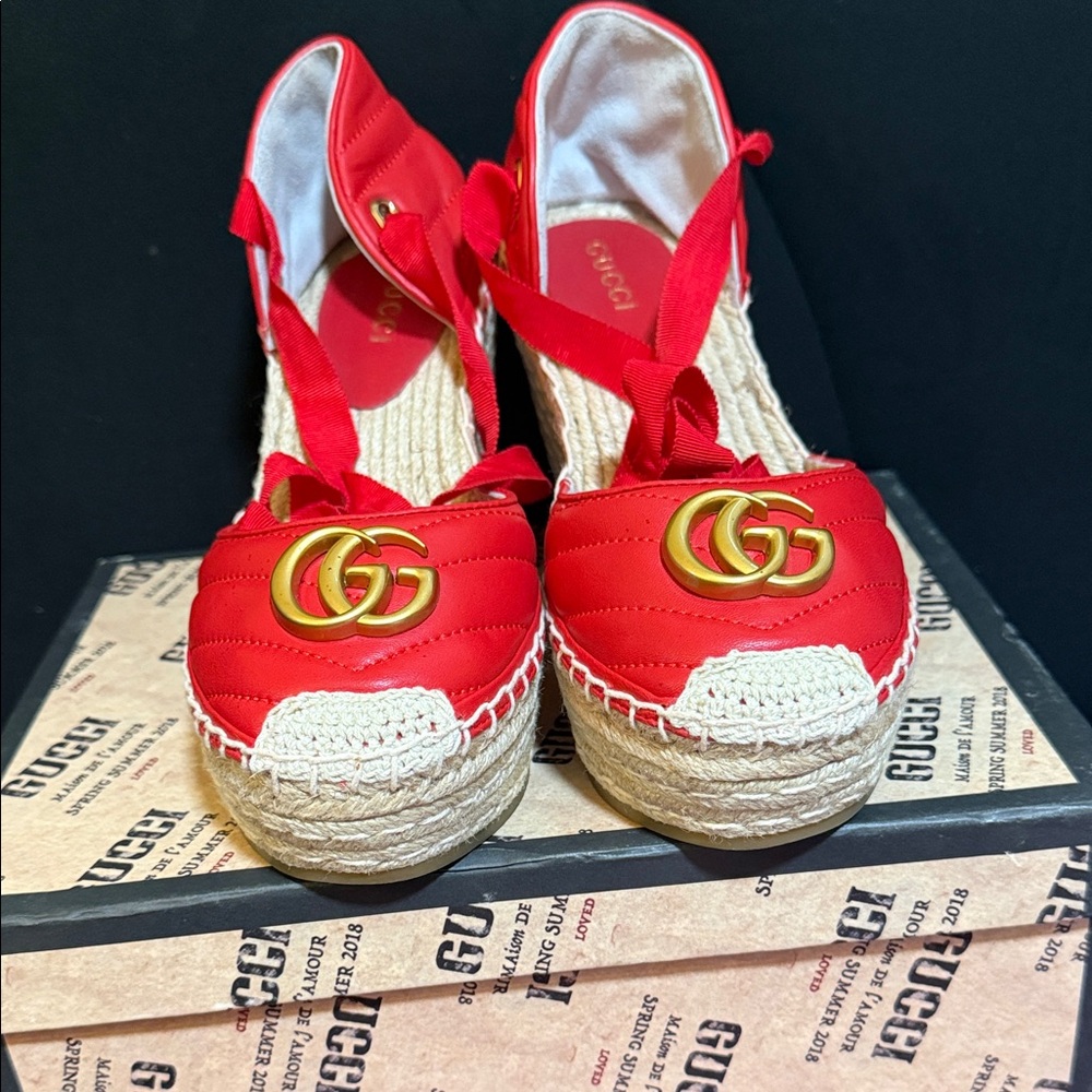 Gucci Red Espadrille Flats with Gold Logo